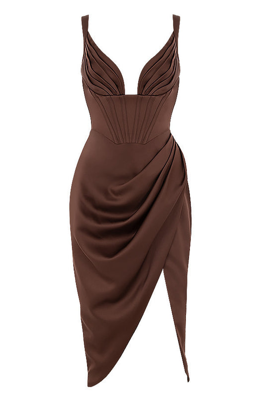 Das „Milan“ Mokka-Satin-Midikleid