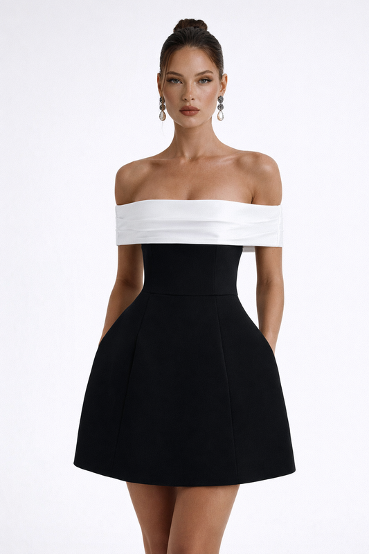 SERENA KLEID — Schulterfreies Colorblock-Minikleid mit strukturiertem Rock