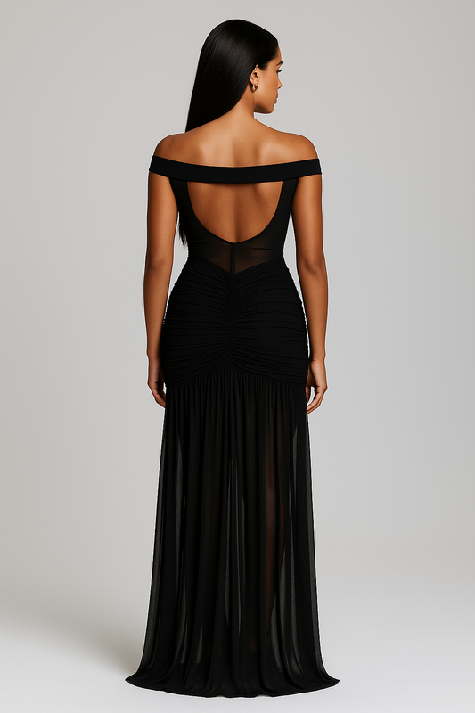 Schwarzes schulterfreies Korsett-Maxikleid