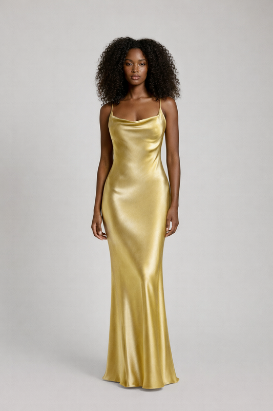 Midas Slip Dress — Satiniertes Maxikleid mit Wasserfallausschnitt in Gold