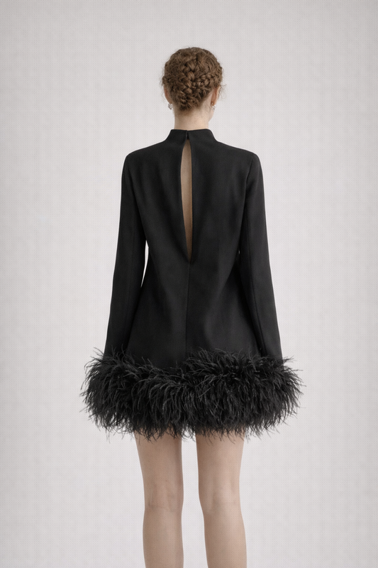 Odette Mini-Rollkragenkleid mit Federbesatz