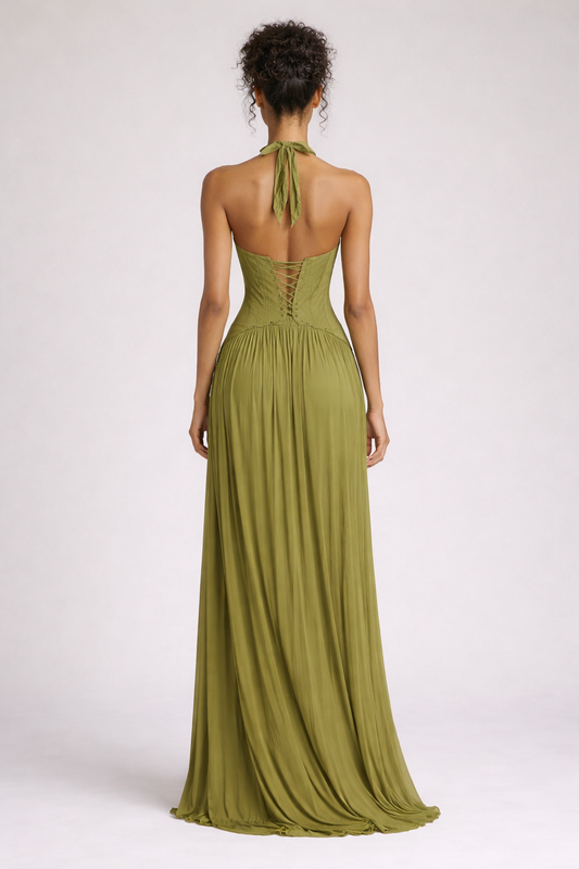 ELARA DRESS — Rückenloses Neckholder-Plisseekleid