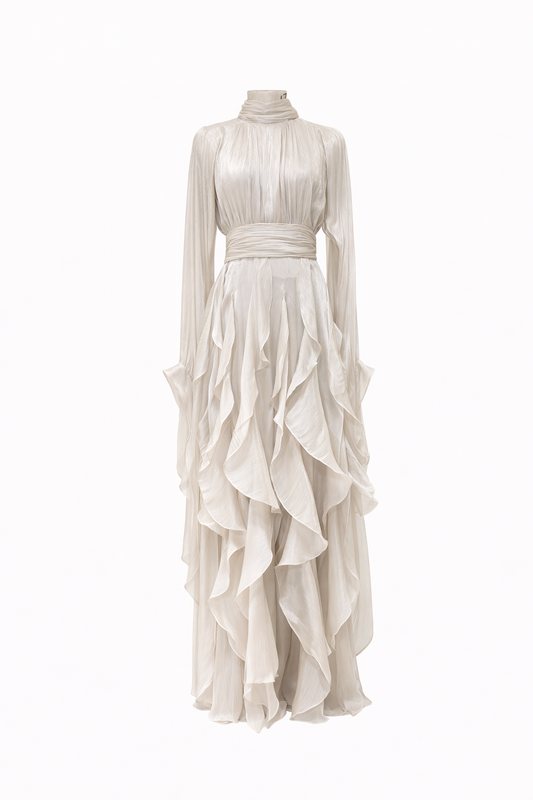 SERAPHINE RUFFLED GOWN — Pleated Maxi Dress