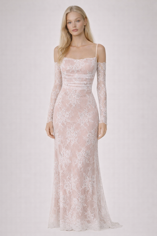 ALESSANDRA GOWN — Ruched Lace Maxi with Detachable Mesh Sleeves