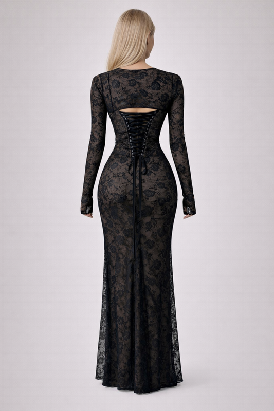 ALESSANDRA GOWN — Ruched Lace Maxi with Detachable Mesh Sleeves