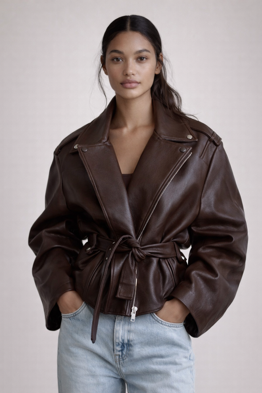 SEVILLE JACKET — Oversized Leather Moto with Waist Tie
