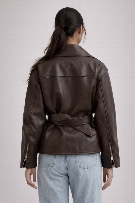 SEVILLE JACKET — Oversized Leather Moto with Waist Tie