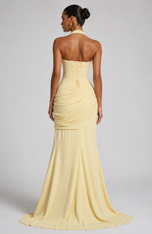 LYRA DRESS — Backless Halter Pleated Gown