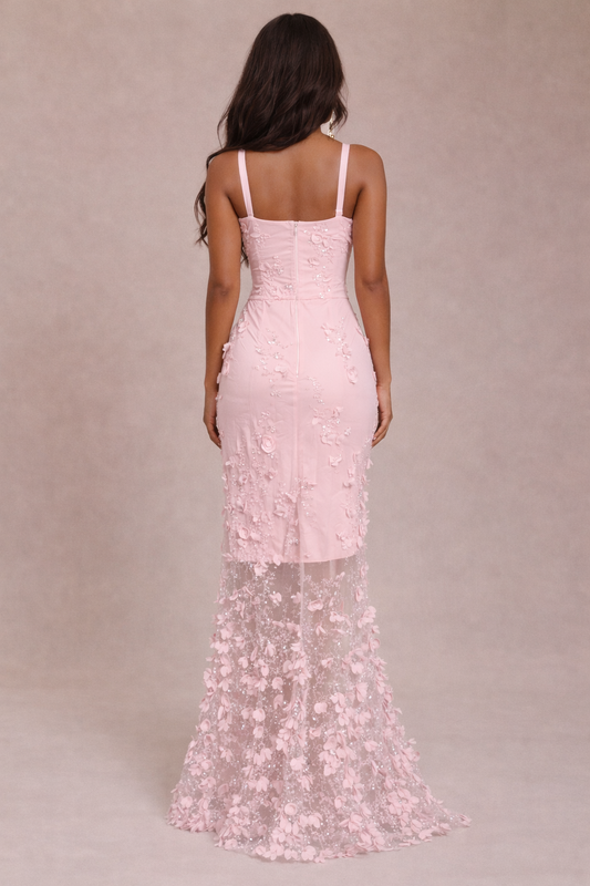 ROSALIND DRESS — Maxikleid aus Slip-Stoff mit Blumenapplikationen und hohem Schlitz