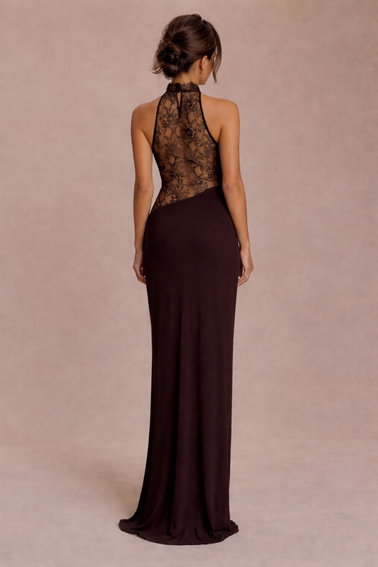 DIANA GOWN — Maxikleid mit Spitzen-Einsatz, Neckholder und drapiertem Wasserfallausschnitt