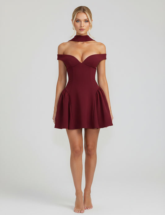 THE CATALINA DRESS — OFF-SHOULDER CORSET MINI WITH DETACHABLE SCARF