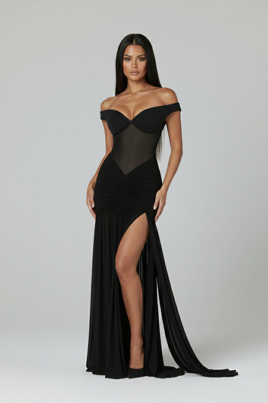 Schwarzes schulterfreies Korsett-Maxikleid