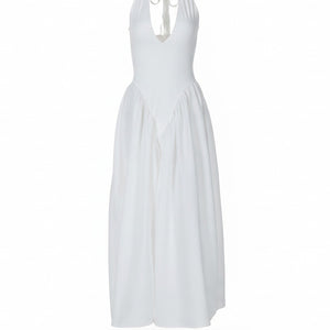 RIVIERA SWING DRESS — Plunging Halter Midi with Full Skirt