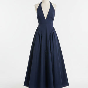 RIVIERA SWING DRESS — Plunging Halter Midi with Full Skirt