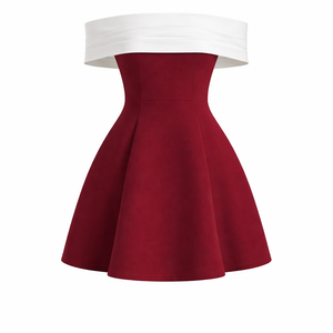 SERENA DRESS — Off-Shoulder Colorblock Mini with Structured Skirt