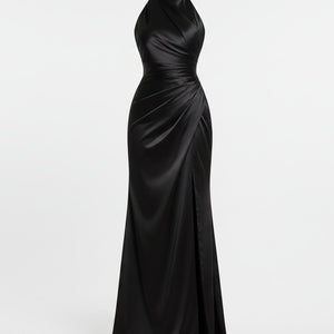 SERAPHINE HALTER GOWN — High-Neck Satin Slit Dress