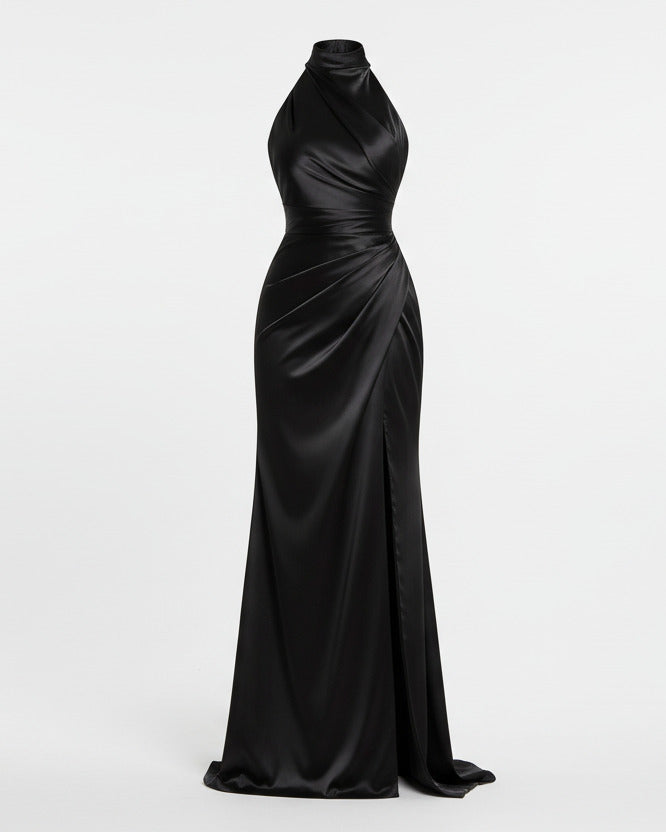 SERAPHINE HALTER GOWN — High-Neck Satin Slit Dress