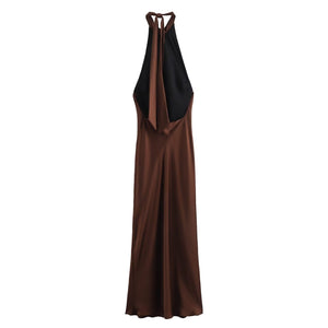 Schwarzes Neckholder-Satinabendkleid