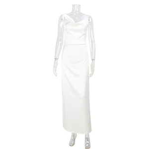 THE CATALINA SATIN MAXI — White Sleeveless Mid-Waist Dress
