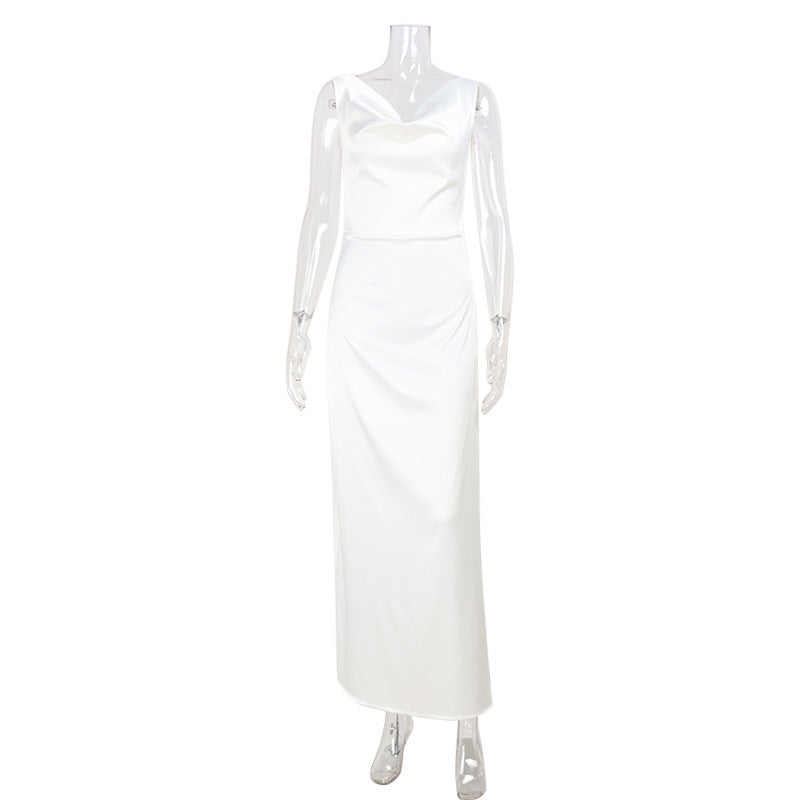 THE CATALINA SATIN MAXI — White Sleeveless Mid-Waist Dress