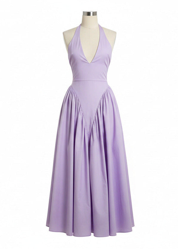 RIVIERA SWING DRESS — Plunging Halter Midi with Full Skirt