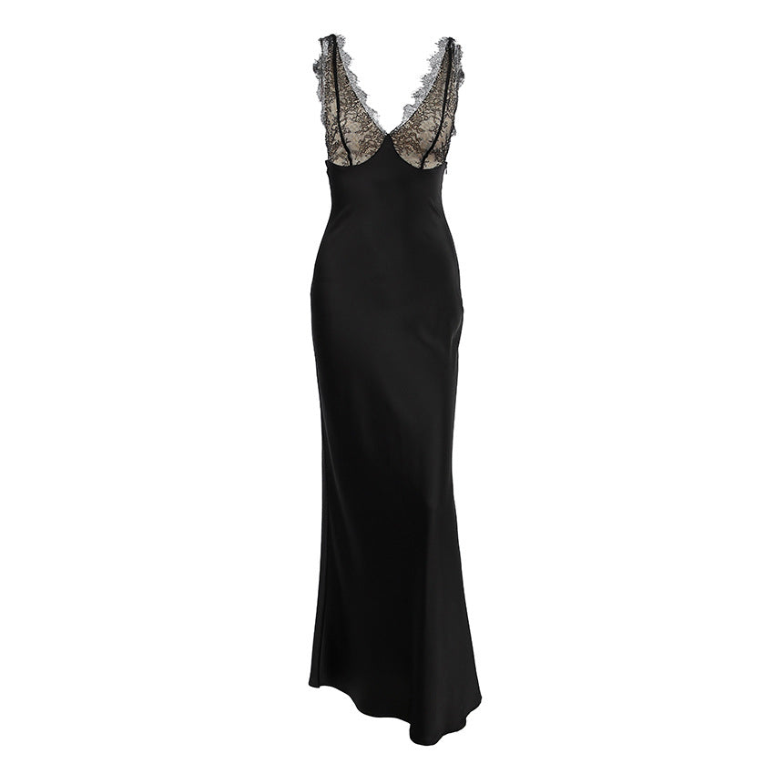 Elise Maxikleid aus Satin mit Spitzenbesatz