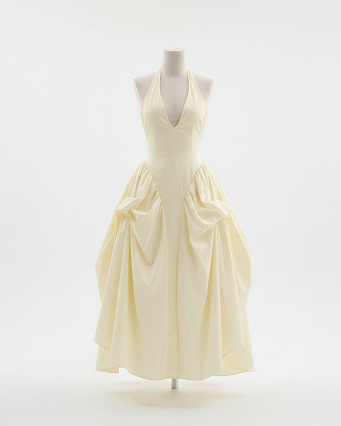 RIVIERA SWING DRESS — Plunging Halter Midi with Full Skirt