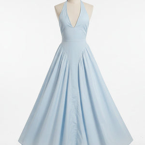 RIVIERA SWING DRESS — Plunging Halter Midi with Full Skirt