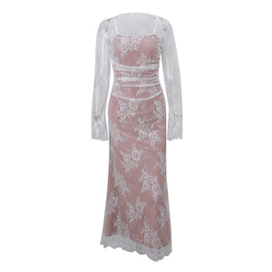 ALESSANDRA GOWN — Ruched Lace Maxi with Detachable Mesh Sleeves