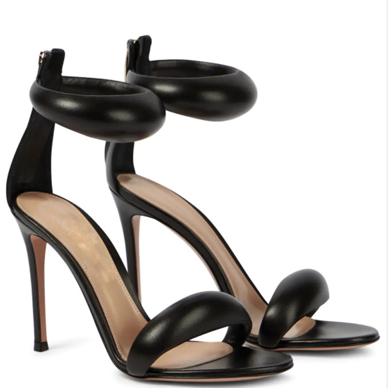 THE ROMANA HEEL — Round-Toe T-Strap Stiletto Sandal