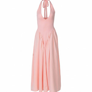 RIVIERA SWING DRESS — Plunging Halter Midi with Full Skirt
