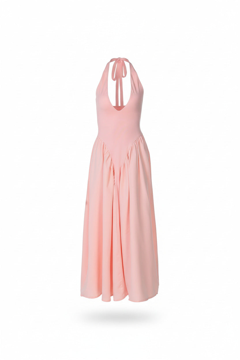 RIVIERA SWING DRESS — Plunging Halter Midi with Full Skirt