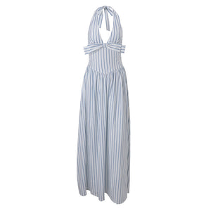 THE NEMA DRESS — Stripe Halter Midi with Bow Detail