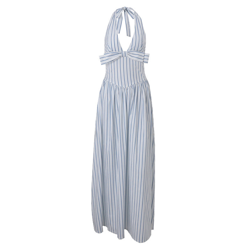THE NEMA DRESS — Stripe Halter Midi with Bow Detail
