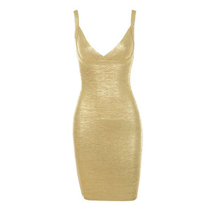 AURELIA DRESS — Gold V-Neck Bandage Midi