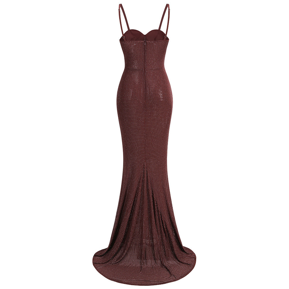 Cartagna Gown — Rhinestone Sculpted Mermaid Maxi (Brown / Red)