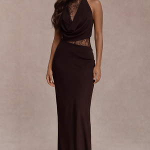 THE DIANA GOWN — Lace-Inset Halter Maxi with Draped Cowl Dress
