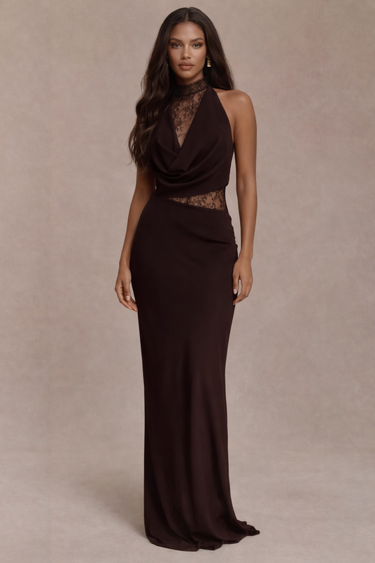 THE DIANA GOWN — Lace-Inset Halter Maxi with Draped Cowl Dress