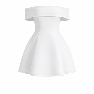 SERENA DRESS — Off-Shoulder Colorblock Mini with Structured Skirt