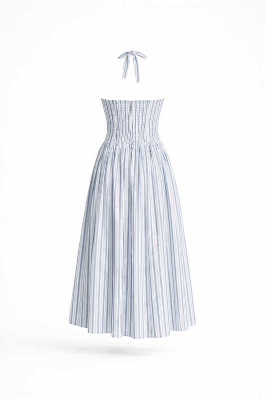 THE NEMA DRESS — Stripe Halter Midi with Bow Detail