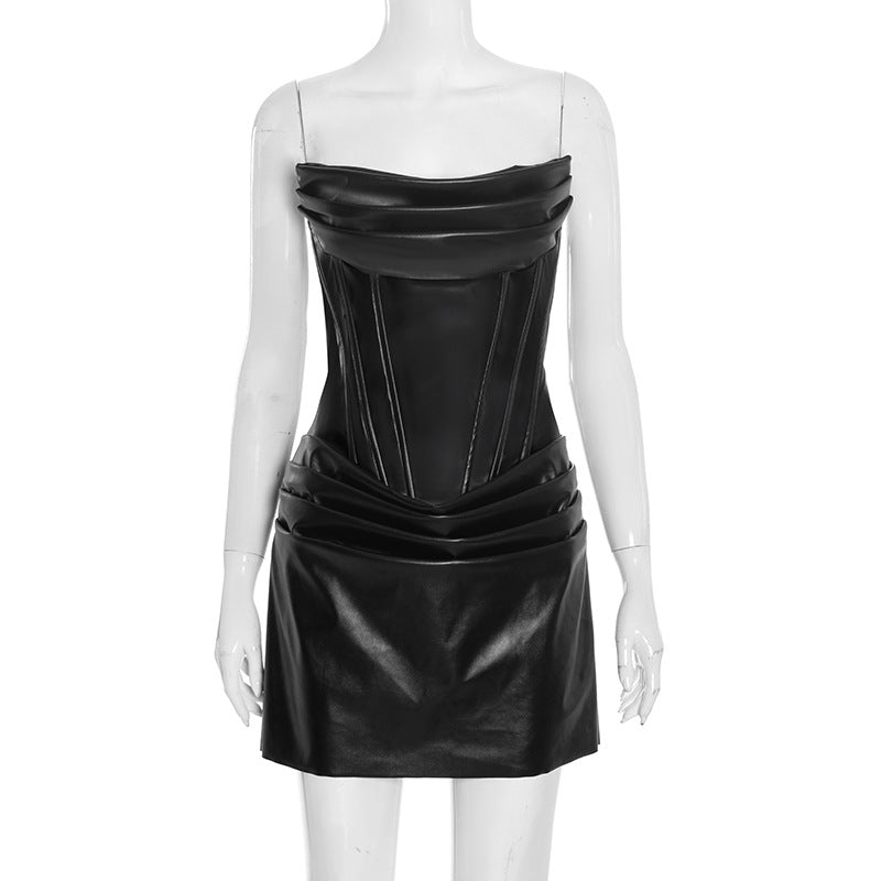 THE DOMINIQUE DRESS — Strapless Corset Mini with Draped Leather Panels