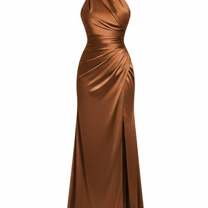 SERAPHINE HALTER GOWN — High-Neck Satin Slit Dress