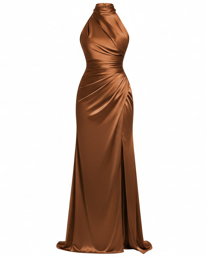 SERAPHINE HALTER GOWN — High-Neck Satin Slit Dress
