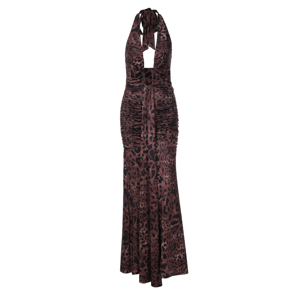 THE NOIRÉ DRESS — Deep-V Halter Leopard Maxi