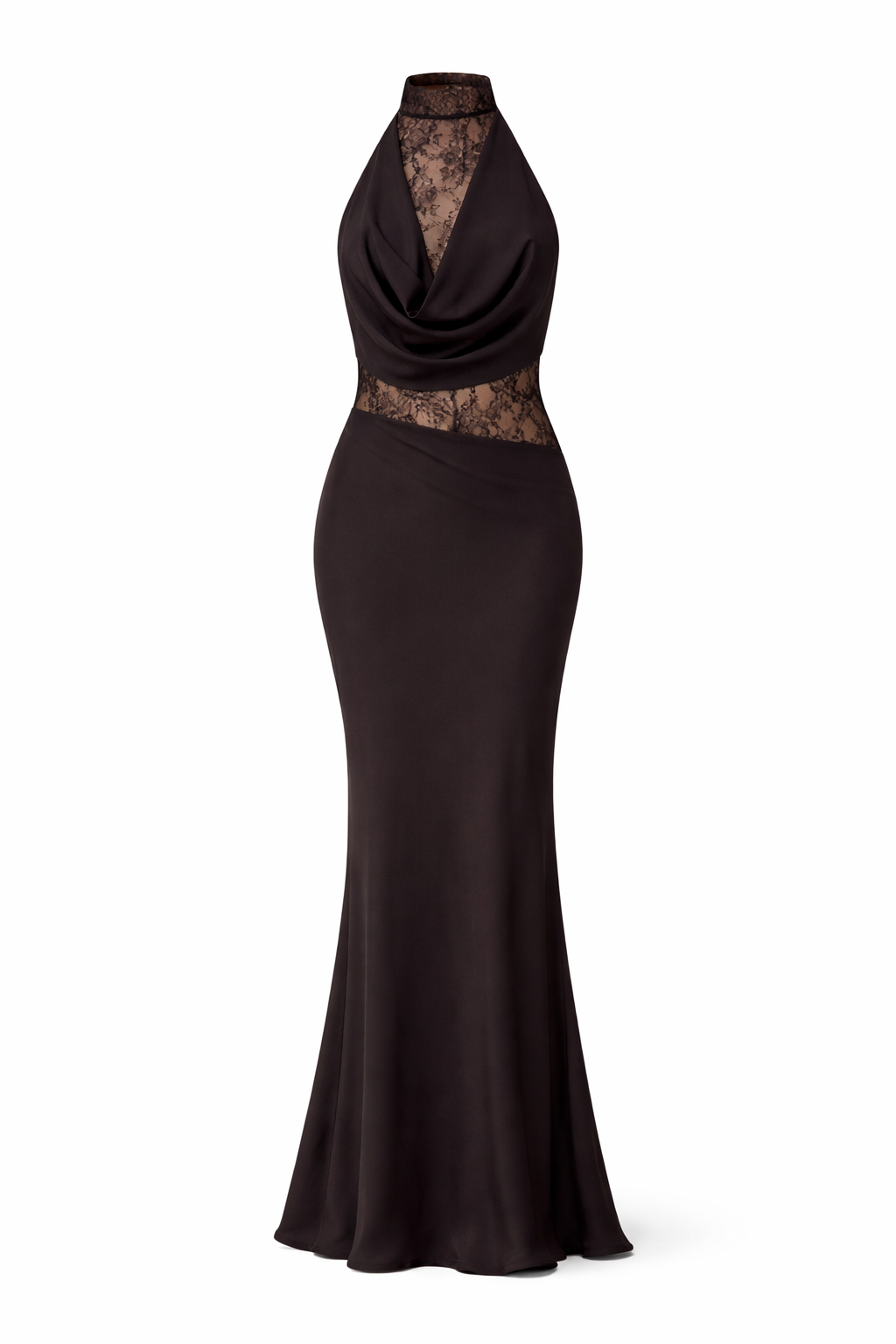 THE DIANA GOWN — Lace-Inset Halter Maxi with Draped Cowl Dress