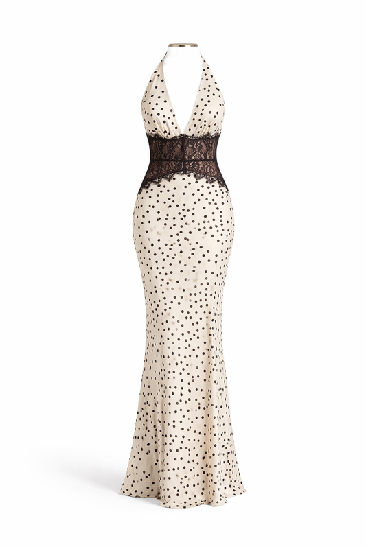 PENELOPE GOWN — Polka-Dot Halter Maxi with Lace Waist Detail