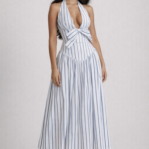 THE NEMA DRESS — Stripe Halter Midi with Bow Detail