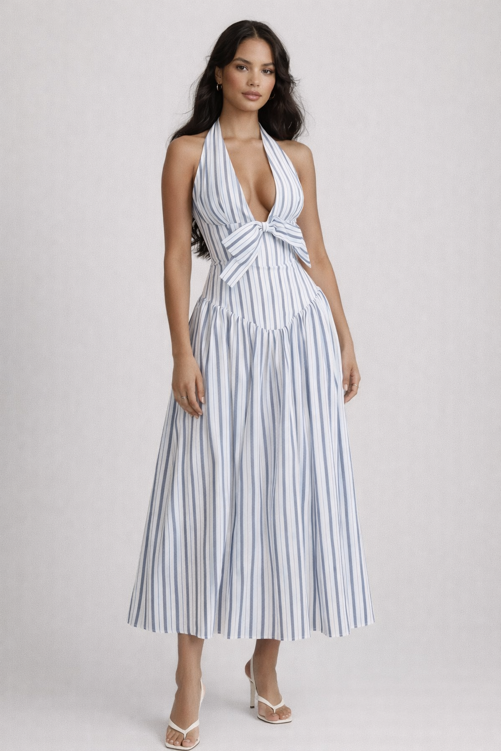 THE NEMA DRESS — Stripe Halter Midi with Bow Detail