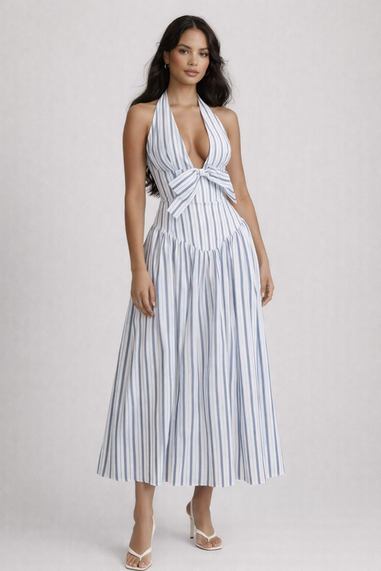 THE NEMA DRESS — Stripe Halter Midi with Bow Detail