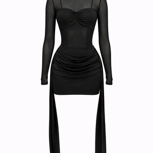 NOIR DRESS — Sheer Mesh Long Sleeve Ruched Mini Dress